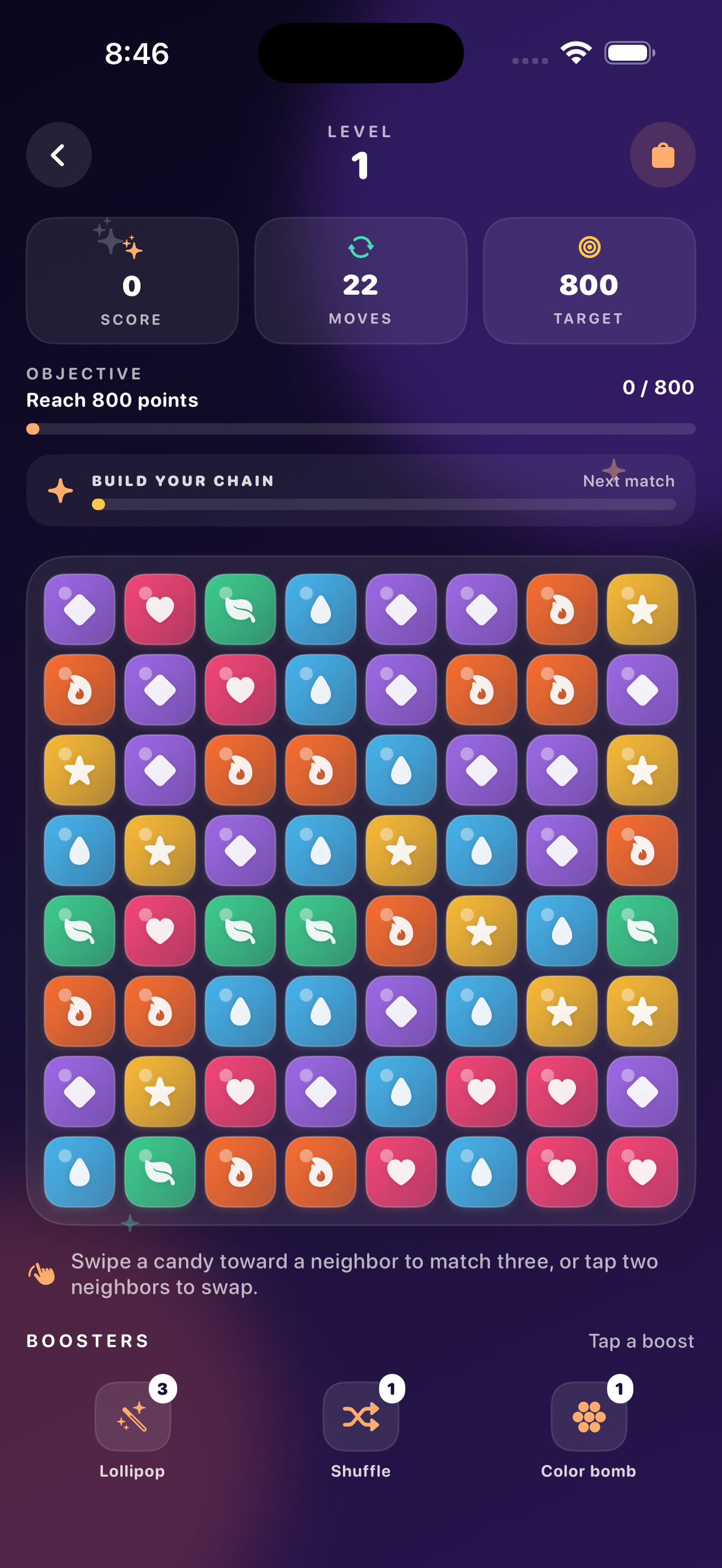 Sweet Smash gameplay board showing an 8×8 candy grid with purple diamonds, pink hearts, green leaves, blue drops, orange swirls, and gold stars. Score 0, Moves 22, Target 800. Boosters: Lollipop (3), Shuffle (1), Color bomb (1)