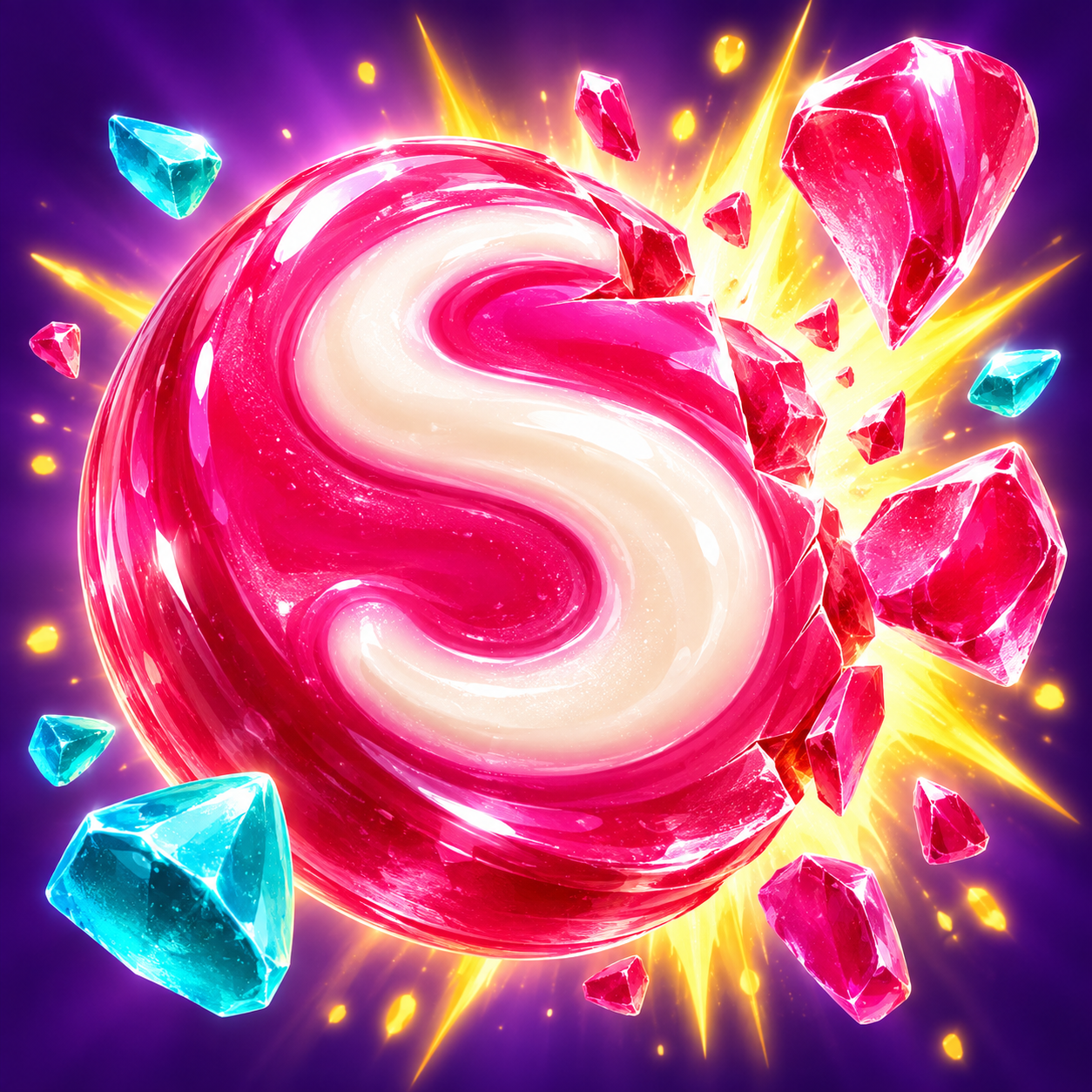 Sweet Smash app icon — glossy pink candy S with colorful gems